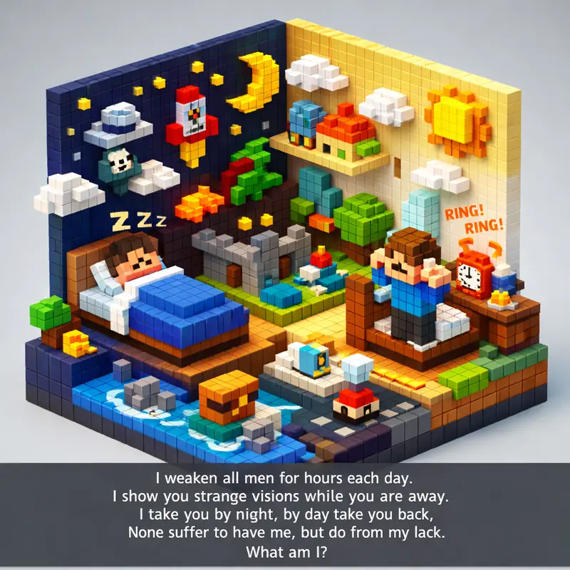 Illustration for riddle: I weaken all men for hours each day.
I show you strange visions while you are away.
I take you by ni