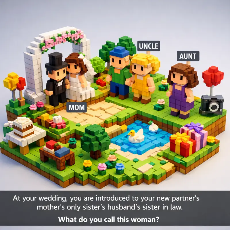 Illustration for riddle: At your wedding, you are introduced to your new partner's mother's only sister's husband's sister in