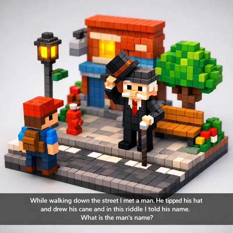 While walking down the street I met a man. He tipped his hat and drew his cane a...