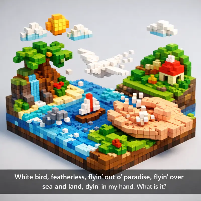 Illustration for riddle: White bird, featherless, flyin' out o' paradise, flyin' over sea and land, dyin' in my hand. What is