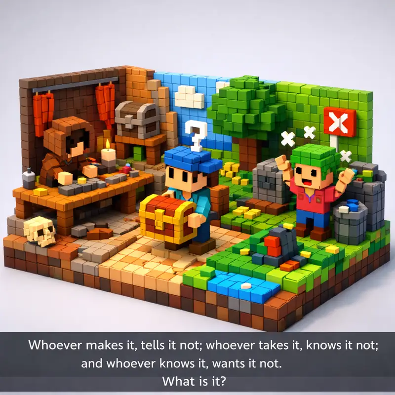 Illustration for riddle: Whoever makes it, tells it not; whoever takes it, knows it not; and whoever knows it, wants it not.