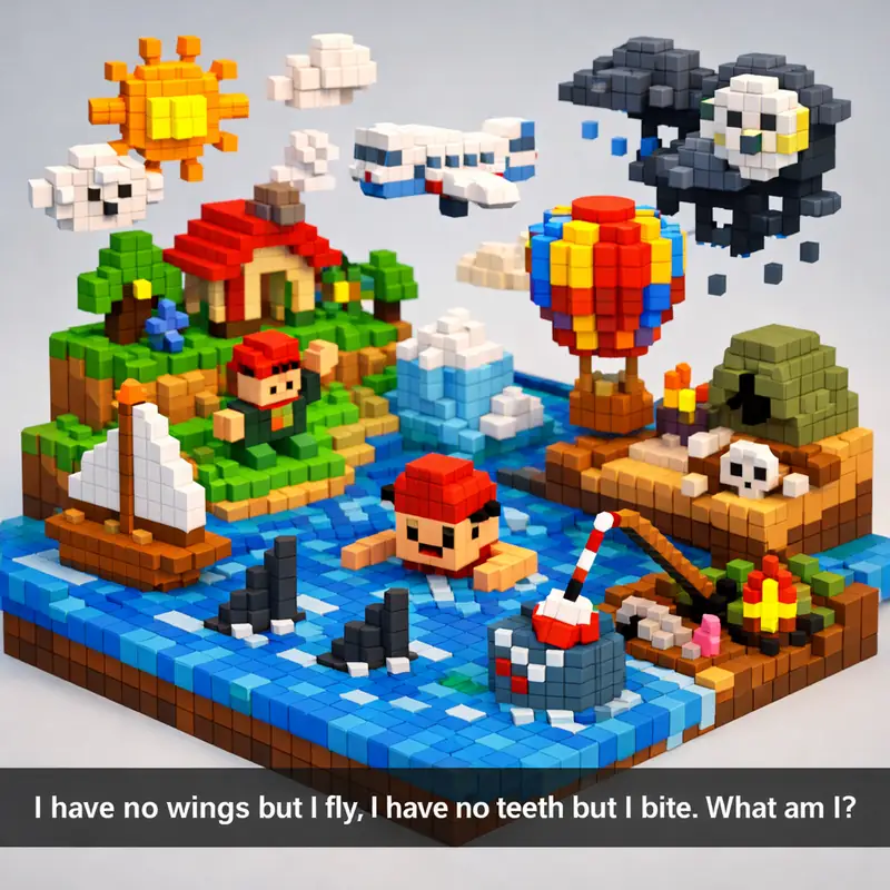 Illustration for riddle: I have no wings but I fly, I have no teeth but I bite. What am I?