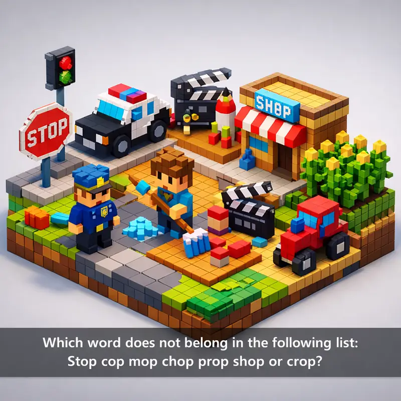 Illustration for riddle: Which word does not belong in the following list:
Stop cop mop chop prop shop or crop?