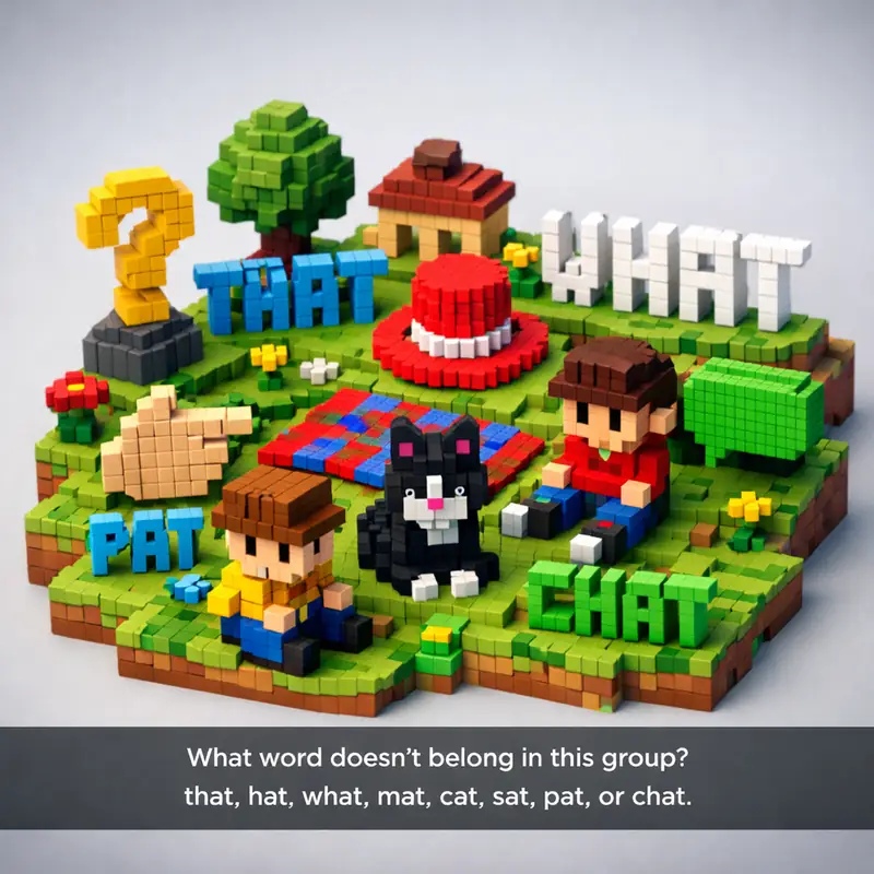 Illustration for riddle: What word doesn't belong in this group?
that, hat, what, mat, cat, sat, pat, or chat.