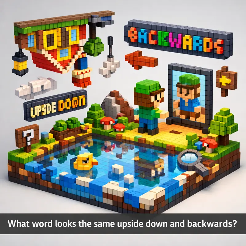 Illustration for riddle: What word looks the same upside down and backwards?