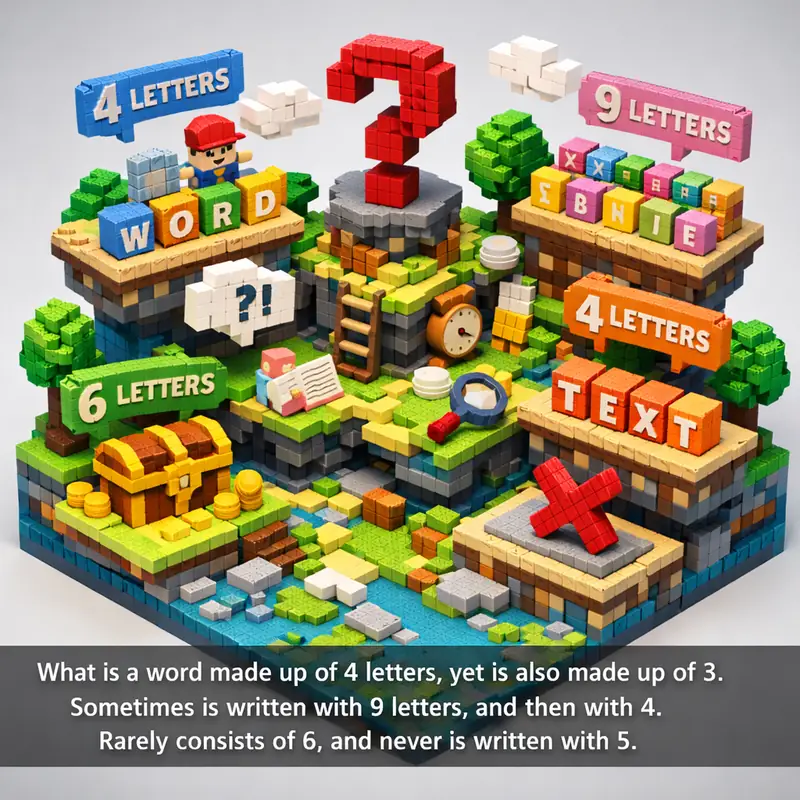 Illustration for riddle: What is a word made up of 4 letters, yet is also made up of 3. Sometimes is written with 9 letters,