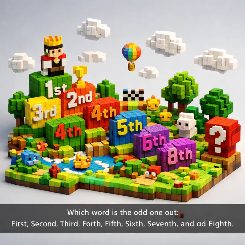 Illustration for riddle: Which word is the odd one out:
First, Second, Third, Forth, Fifth, Sixth, Seventh, and Eighth.