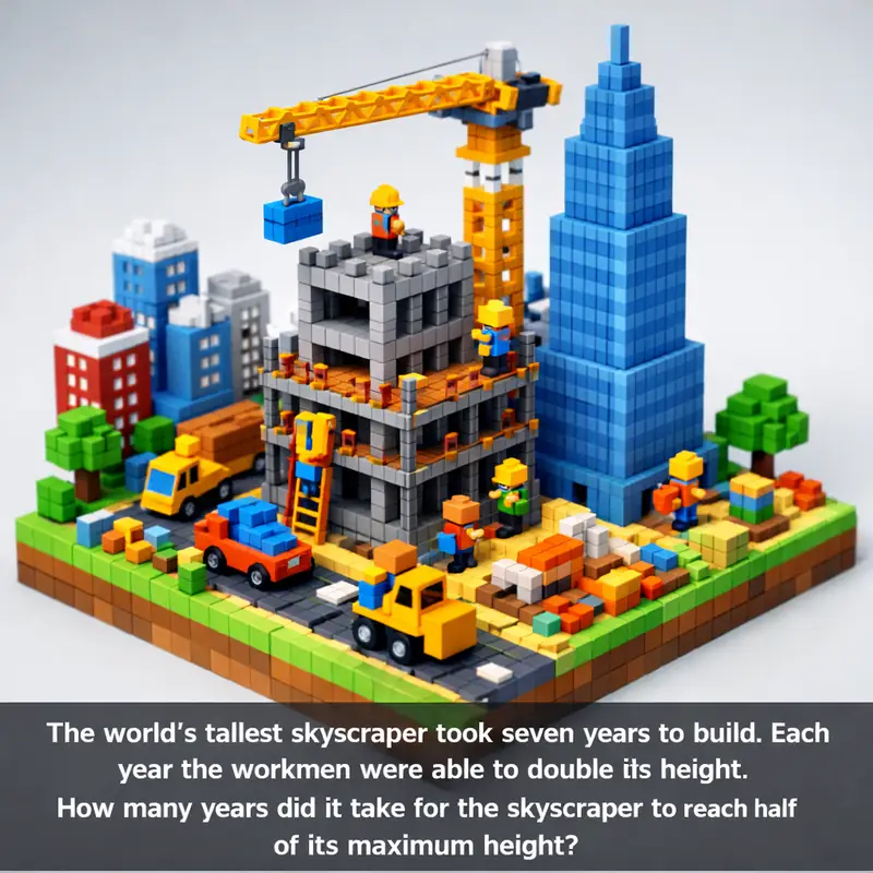 Illustration for riddle: The world's tallest skyscraper took seven years to build. Each year the workmen were able to double