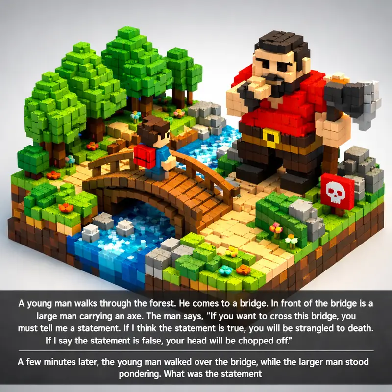 Illustration for riddle: A young man walks through the forest. He comes to a bridge. In front of the bridge is a large man ca