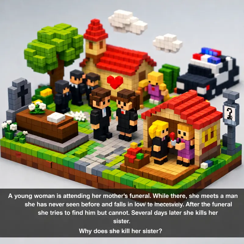 Illustration for riddle: A young woman is attending her mother's funeral. While there, she meets a man she has never seen bef