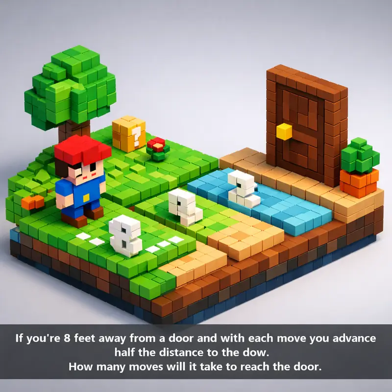 If you're 8 feet away from a door and with each move you advance half the distan...