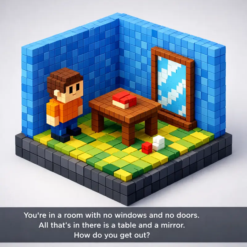 Illustration for riddle: You're in a room with no windows and no doors. All that's in there is a table and a mirror. How do y